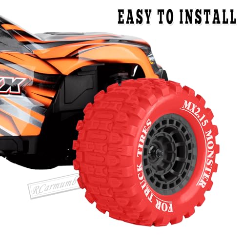100 * 52MM 1/16 RC Monster Truck Tires 12mm Hex Adapters All-Terrain Traction Tires fit for Mini Maxx/Mini XRT, MJX 16207/16208/16209/16210,HSP 94186,E-Revo,L0S1,1/18 Mini LMT,Red&Black - color: Red&black(4pcs)