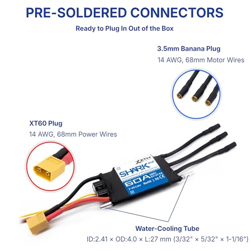 ZTW Shark G2 60A ESC 2-6S Built-in Swithcing BEC 5V/6V 8A Water-Cooling Bidirectional Waterproof Brushless Speed Controller for RC Boat Marine - size: 60A
