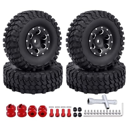 Hobbypark 1.0 Beadlock Wheels and Tires 4Pcs Metal Micro Crawler Tires with Extended Wheel Spacers Offsets for 1/24 RC Crawler Car Axial SCX24 90081 Deadbolt Truck