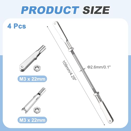 MECCANIXITY 4 Pcs Metal Clip Pushrod Connector Linkage, 304 Stainless Steel M3 Threaded Rod with Metal Clip for RC Plane Fixed Wing Aircraft DIY Models Parts, 109mm/4.29" - size: M3 x 109mm