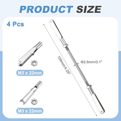 MECCANIXITY 4 Pcs Metal Clip Pushrod Connector Linkage, 304 Stainless Steel M3 Threaded Rod with Metal Clip for RC Plane Fixed Wing Aircraft DIY Models Parts, 109mm/4.29" - size: M3 x 109mm