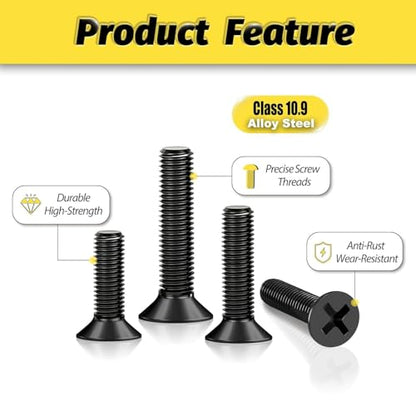 KADRICK 435Pcs M4 Countersunk Screw Kit,Flat Head Bolts 8MM-25MM | M4 Phillips Screws Assortment Kit,Screws With Nut Flat/Lock Washers,Black Zinc Plated - size: M4 435Pcs 8-25mm