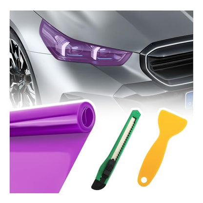 12×47" Car Headlight Tint Film,Self Adhesive Taillight Tint Film for Headlights/Fog Lights/Tail Lights,Waterproof Non-Marking Tail Light Tints Films Kit with Squeegee & Cutter (Purple) - color: Purple