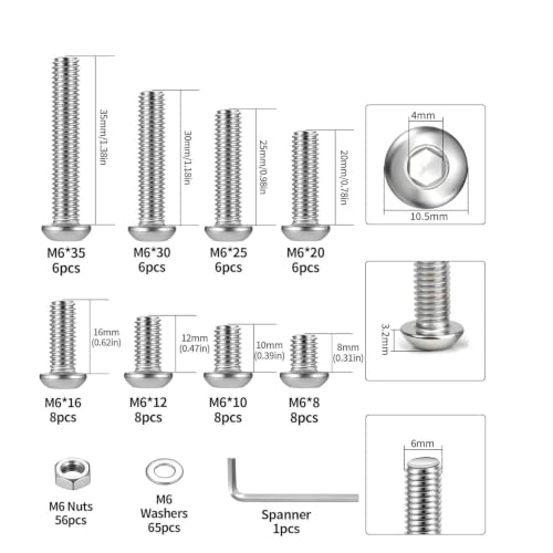 178 Pcs M6 Screws Assortment Kit, Metric Nuts and Bolts Assortment Kit, Hex Socket Button Head Cap Screw Bolts and Nuts Kits, Hex Socket Screw Set, Machine Screws Set, with Spanner(Silver) - size: M6