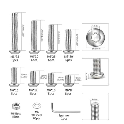 178 Pcs M6 Screws Assortment Kit, Metric Nuts and Bolts Assortment Kit, Hex Socket Button Head Cap Screw Bolts and Nuts Kits, Hex Socket Screw Set, Machine Screws Set, with Spanner(Silver) - size: M6