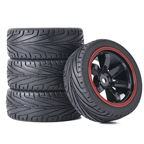 4PCS RC Car Rubber Tires and Plastic Wheels Rims Compatible with 1/10 Scale On Road Touring Racing Flat Drift Car for HSP HPI Tamiya(Black/Red) - color: Black/Red