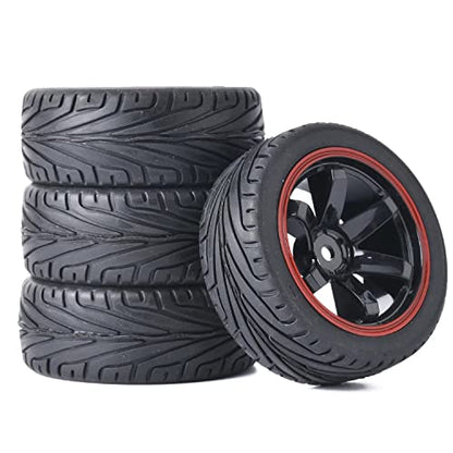 4PCS RC Car Rubber Tires and Plastic Wheels Rims Compatible with 1/10 Scale On Road Touring Racing Flat Drift Car for HSP HPI Tamiya(Black/Red) - color: Black/Red