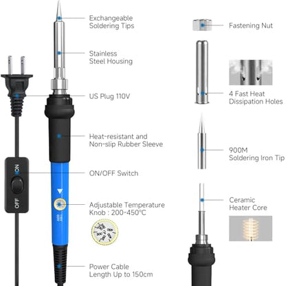 LDK 60W Soldering Iron Kit, 110V Soldering Iron Adjustable Temperature | with 5 Solder Tips, Solder Wire, Fast Heating Solder Welding Tools, Electronic Repair, Permanent Jewelry Starter Kit - color: Blue