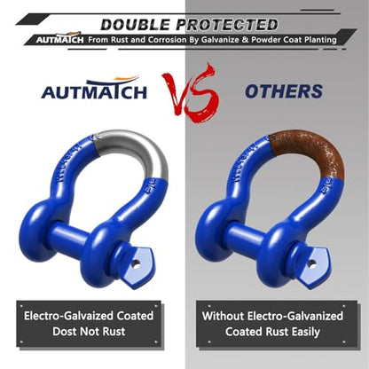 AUTMATCH 3/4" D Ring Shackles (2-Pack) - 41,887 lbs Break Strength | Heavy Duty Clevis Shackle with 7/8" Pin & Isolator Washer Kit for Tow Strap, Winch, Towing & Off-Road Vehicle Recovery, Blue - color: Blue