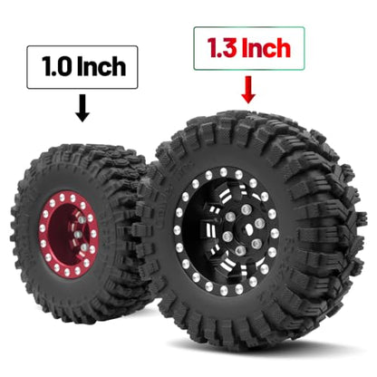 OGRC 1.3" Aluminum Wheels and All Terrain Tires for 1/18 1/24 RC Upgrade | 7mm Hex, Super Soft Compound Tires, for TRX4M SCX24 RC Carwler Car, Black - color: Black