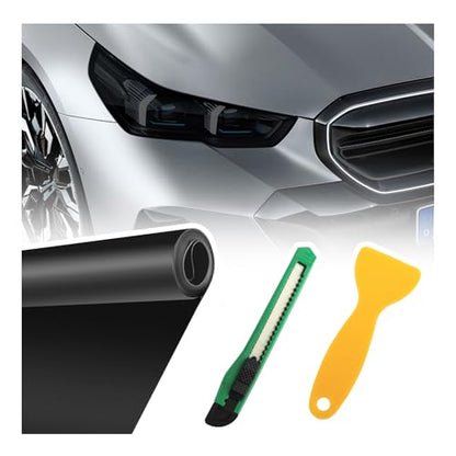 12×47" Car Headlight Tint Film,Self Adhesive Taillight Tint Film for Headlights/Fog Lights/Tail Lights,Waterproof Non-Marking Tail Light Tints Films Kit with Squeegee & Cutter (Black) - color: Black
