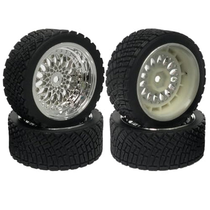 4PCS 65mm RC Rally Car Rubber Tires and Plastic Plating Wheel Rims Set 12mm Hex for 1/10 RC On-Road Rally Drift Racing Car for HSP Tamiya Sakura HPI WR8 HSP TT02 WLtoys (Silver) - color: Silver