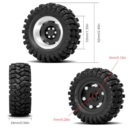 OGRC 1.3 Beadlock Wheel Tires -4mm Offset Wheels for 1/24 1/18 SCX24 TRX4M | Aluminum, 7mm Hex, Sticky Compound Rubber, for TRX4M AX24 FCX24 RC Carwler Car, Black - color: Black