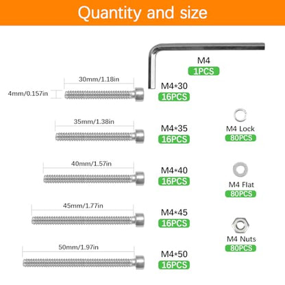 321 Pcs M4 Screw Assortment Kit, Assorted Metric Bolts and Nuts Kit, 304 Stainless Steel Hex Socket Head Cap Screws and Washers Set, M4 Nuts and Bolts with Hex Wrench - size: M4x30/35/40/45/50mm-321Pcs