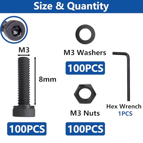 300PCS M3 x 8mm Hex Socket Head Cap Screws with Nuts and Washers, 12.9 Grade Alloy Steel M3 Bolts with Hex Wrench - size: M3 x 8mm, style: Socket Head