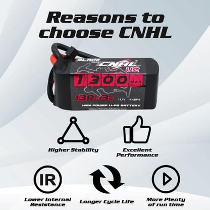 CNHL 1300mAh 3S LiPo Battery 11.1V 130C with XT60 Plug (2 Packs) | High discharge 3S LiPo battery for FPV racing drones, freestyle quadcopters, RC airplanes, helis, and boat models.