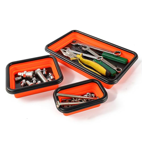3 PCS Foldable Magnetic Parts Organizer, 3 Sizes Collapsible Metal Parts Trays with Double-Sided Magnetic Base, Square Silicone Tool Trays for Screws Bolts Nuts Washers (Orange) - color: Orange