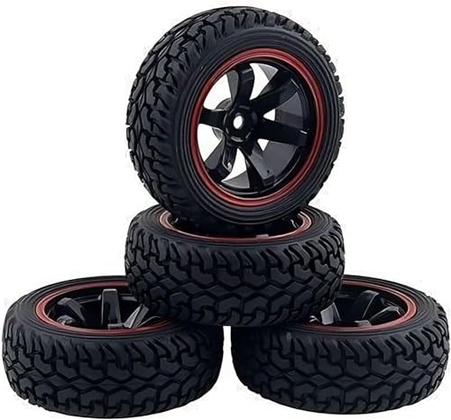 4PCS 75mm Rubber Tires and 6Spokes Plastic Wheel Rims Tyre for 1/10 RC On-Road Drift Racing Car 1:14 1:16 Rally Car for Tamiya Kyosho HPI HSP TT02 Upgrades Parts (Black Red) - color: Black Red