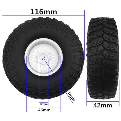 RC 1.9" RC Tires and Wheel Nylon Rims 12mm Hex Hub OD 116mm/4.56" Rubber Tyre Compatible with 1/10 Axial SCX10 RC4WD D90 Tamiya CC01 TF2 Traxxas TRX4 RC Rock Crawler (White) - color: White