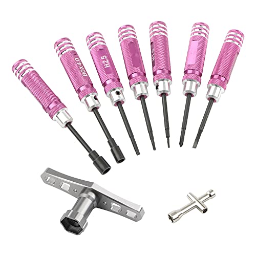 9-Piece Mini Screwdriver Set with Nut Drivers - 1.5mm, 2.0mm, 2.5mm Hex, 4mm, 5.5mm, 0+, 1-, Slotted, 17mm Wrench - Pink Handles - Compact Tool Kit for Electronics, Jewelry, Glasses Repair