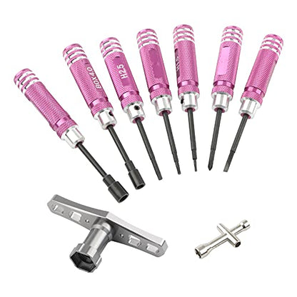 9-Piece Mini Screwdriver Set with Nut Drivers - 1.5mm, 2.0mm, 2.5mm Hex, 4mm, 5.5mm, 0+, 1-, Slotted, 17mm Wrench - Pink Handles - Compact Tool Kit for Electronics, Jewelry, Glasses Repair