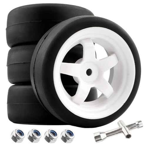 4-Pack RC 1/10 Scale On Road Soft Slick Tires OD2.55 Rubber Wheel Rims 12mm Hex Compatible with Traxxas 4 Tec 2.0 Tamiya TT01 XV01 Kyosho WR8 Sakura WLtoys HPI Touring Racing Car - color: White