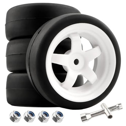 4-Pack RC 1/10 Scale On Road Soft Slick Tires OD2.55 Rubber Wheel Rims 12mm Hex Compatible with Traxxas 4 Tec 2.0 Tamiya TT01 XV01 Kyosho WR8 Sakura WLtoys HPI Touring Racing Car - color: White
