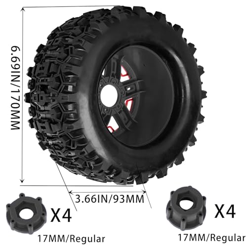 RC Truck Tires 1/8 1/7 1/10 17mm Hex RC Wheel Tires for1/7 FIRETEAM 6S,1/8 KRATON/NOTORIOUS/OUTCAST 6S BLX,1/8Sledge1/10 Revo/Summit/T-Maxx/E-Revo,Hard Plastic Rubber Tyres,Red&Black - color: Red With Black(4PCS）