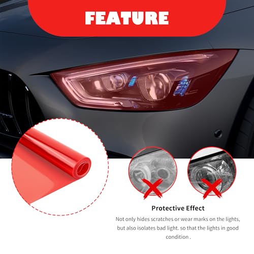 12×47 Inch Car Headlight Tint Film,Self-Adhesive Tail Light Tint Film Kit with Squeegee & Cutter,Universal Taillight Tints Films Automotive Exterior Accessories for Car Fog (Red) - color: Red