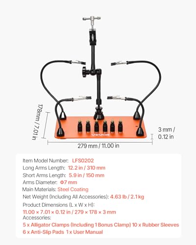 VEVOR Magnetic Helping Hands Soldering Station, 4 Flexible Arms Third Hand Tool, with 6 PCB Pillar Holders & 360 Hot Air Gun Holder, Heavy-Duty Base Soldering Helper for Electronic Repair Craft - style: 11*7in Large Base with Holders