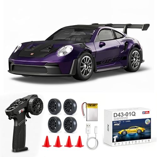 1/43 Scale RC Drift Car, Mini 911 RC Model Car 2.4GHz 4WD RC Alloy D43 Vehicles with Gyro & LED Lights for Adults Hobby Toys (Purple) - color: 911-purple