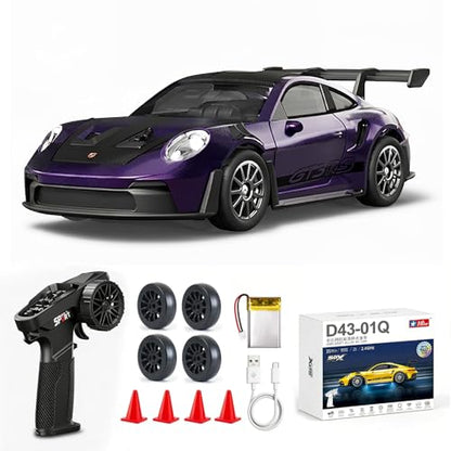1/43 Scale RC Drift Car, Mini 911 RC Model Car 2.4GHz 4WD RC Alloy D43 Vehicles with Gyro & LED Lights for Adults Hobby Toys (Purple) - color: 911-purple