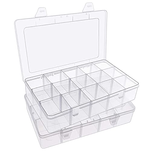 2 Pack Plastic Small Crafts Storage Boxes with Adjustable Dividers (15 Grid) - size: 15 Grid