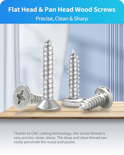 580Pcs 304 Stainless Steel Wood Screw Assortment Kit, M3/M4/M5/M6 Phillips Pan Head & Flat Head Sheet Metal Screws Self Tapping Screws Set,16 Sizes Assorted Screw (Silver 580PCS)