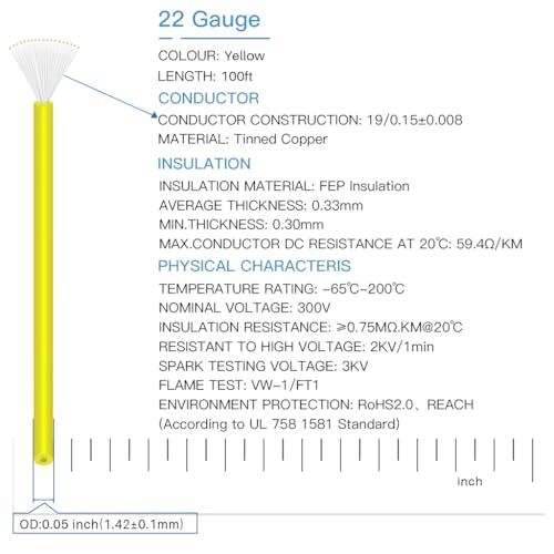 BNTECHGO 22AWG FEP Teflon Coated Wire Yellow 100ft Tin-Plated Copper | 22 Gauge Strands Wire High-Temp FEP Insulation, -65°C to 200°C Rated, Aerospace Wiring, Medical Wiring, Scientific Equipment - size: 100ft Yellow