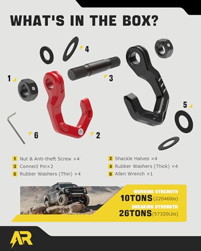 D Ring Shackles, 3/4" Separate Shackles with 7/8" Pin, Heavy Duty Recovery Shackle 57320lbs Break Strength, 4x4 Off-Road Recovery Towing Winch Shackles for Trucks, Red Black 2-Pack | Quick Shackles with 7/8" Pin, Heavy Duty Recovery Shackle, 4x4 Off-Road