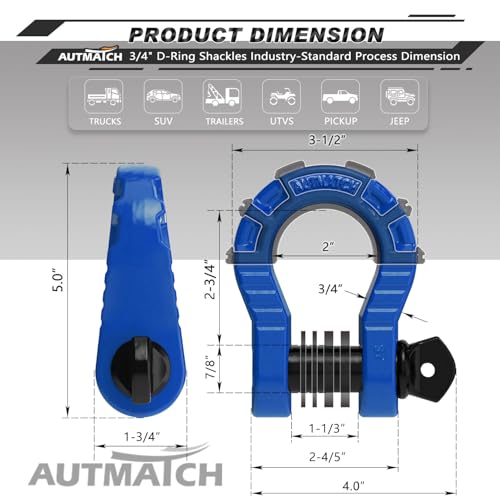 AUTMATCH 3/4" Mega D Ring Shackles (2-Pack) - 68,000 lbs Break Strength | Heavy Duty Clevis Shackle with 7/8" Pin & Isolator Washer Kit for Tow Strap, Winch, Towing & Off-Road Vehicle Recovery, Blue - color: Blue & Black