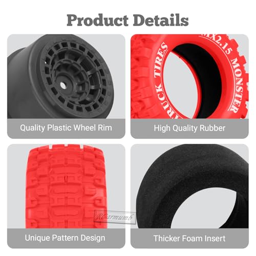 100 * 52MM 1/16 RC Monster Truck Tires 12mm Hex Adapters All-Terrain Traction Tires fit for Mini Maxx/Mini XRT, MJX 16207/16208/16209/16210,HSP 94186,E-Revo,L0S1,1/18 Mini LMT,Red&Black - color: Red&black(4pcs)