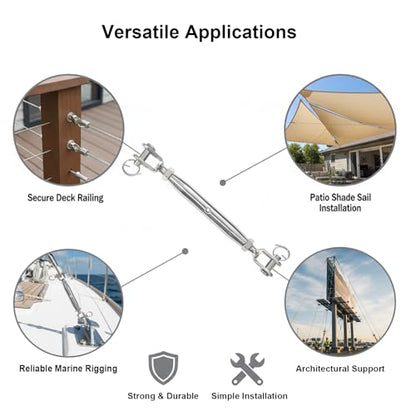 4PCS M10 Jaw and Jaw Turnbuckles for Cables Wire Rope Tension | Made of 304 Stainless Steel, Corrosion Resistant & Easy to Use,660lbs Rated,Industrial Shade Sail Rigging - size: 4PCS-M10-UU
