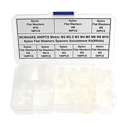 600PCS Metric M2 M2.5 M3 M4 M5 M6 M8 M10 Nylon Flat Washers Spacers Plastic Washers Assortment Kit (White) - color: White