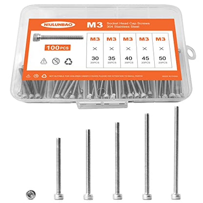 M3 x 30mm 35mm 40mm 45mm 50mm Hex Socket Head Cap Screws Bolts, 304 Stainless Steel, Metric Machine Fully Threaded, Bright Finish, Allen Hex Drive, Assortment Kit 100PCS - size: M3 x 30/35/40/45/50mm (100PCS)