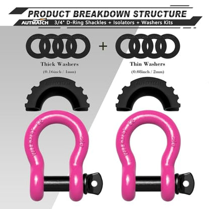 AUTMATCH 3/4" D Ring Shackles (2-Pack) - 41,887 lbs Break Strength | Heavy Duty Clevis Shackle with 7/8" Pin & Isolator Washer Kit for Tow Strap, Winch, Towing & Off-Road Vehicle Recovery, Pink - color: Pink & Black