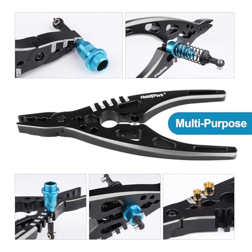 HobbyPark Multi-Function RC Shock Pliers Tool RC Shock Shaft & Tie Rod Clamp, Ball Link Remover for 1/8 1/10 RC Car Truck Crawler Buggy Drift (Black & Silver) - color: Black & Silver
