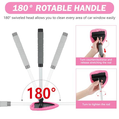 8 Pcs Car Window Cleaner Kit Triangle Shape Include Windshield Cleaning Tool with Extendable Handle 5 Microfiber Bonnets 1 Car Ventilation Brush 1 Empty 50ml Spray Bottle Glass Wiper Kits, Pink - color: Pink
