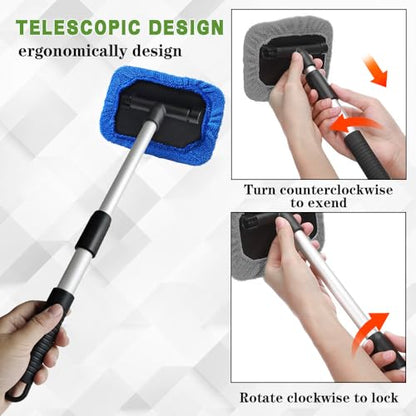 Windshield Cleaning Tool, Car Cleaning Window Tool, Car Window Cleaner with Unbreakable Extendable Handle and Microfiber Cloth, Scratch-Free Car Cleaning Brush for Auto Glass Wiper (Blue) - color: Blue