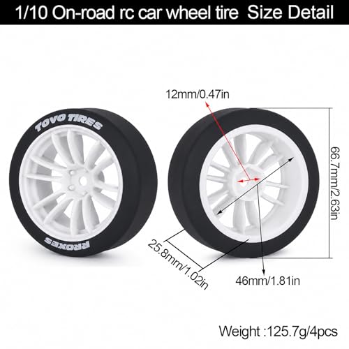 AMK 1/10 RC Drift Wheels & Tires Set, Hard Plastic Drift Tires with 12mm Hex Wheels, Complete 4-Pack for On-Road RC Drift Cars, Fits Tamiya TT01 TT02 XV01, Kyosho, HPI, HSP (White) - color: White