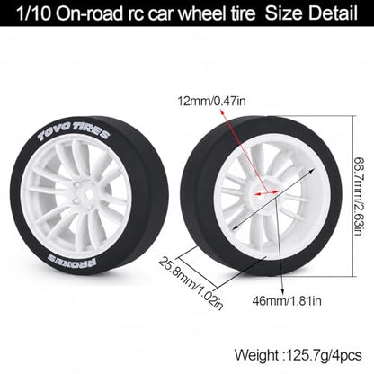 AMK 1/10 RC Drift Wheels & Tires Set, Hard Plastic Drift Tires with 12mm Hex Wheels, Complete 4-Pack for On-Road RC Drift Cars, Fits Tamiya TT01 TT02 XV01, Kyosho, HPI, HSP (White) - color: White