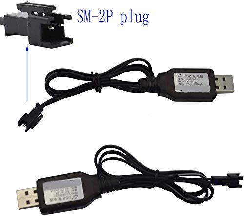 Blomiky 2 Pack 6.0V 250mA Ni-MH Battery Charger Cable with SM 2P Connector Plug Suitable for 6V 700mAh Ni-cd Battery 4WD Old Version Amphibious Stunt RC Cars Vehicle/SM-2P 6V USB 2