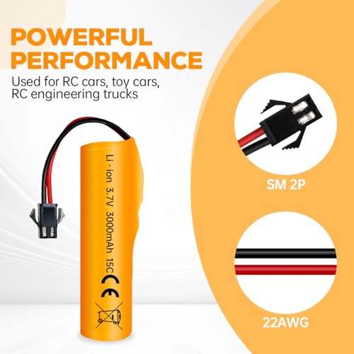 3PCS 3.7V 3000mAh SM-2P Plug Li ion Battery and USB Charging Cable Suitable for DE42 DE44 DE45 DE68 RC Car, Drifting Car, Truck, Off-Road Racing Car