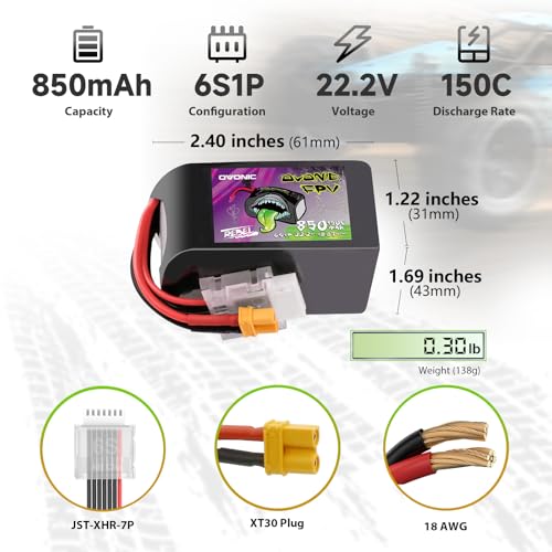 OVONIC 6S Lipo Battery150C 850mAh 22.2V Lipo Battery with XT30 Connector for RC Racing FPV Drone Helicopter Quadcopter Airplane (2 Pack)